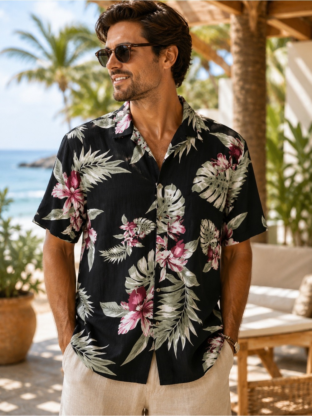 Tenth & Ocean Black Tropical Print Hawaiian Camp Shirt Size XLT Coastal Vacation